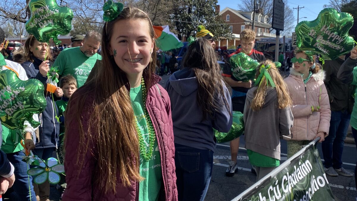 Photos of the Raleigh St. Patrick's Day Parade. Kids, adults and lots of balloons, Grand Marshal Sandra Holland. Downtown Raleigh, NC. 